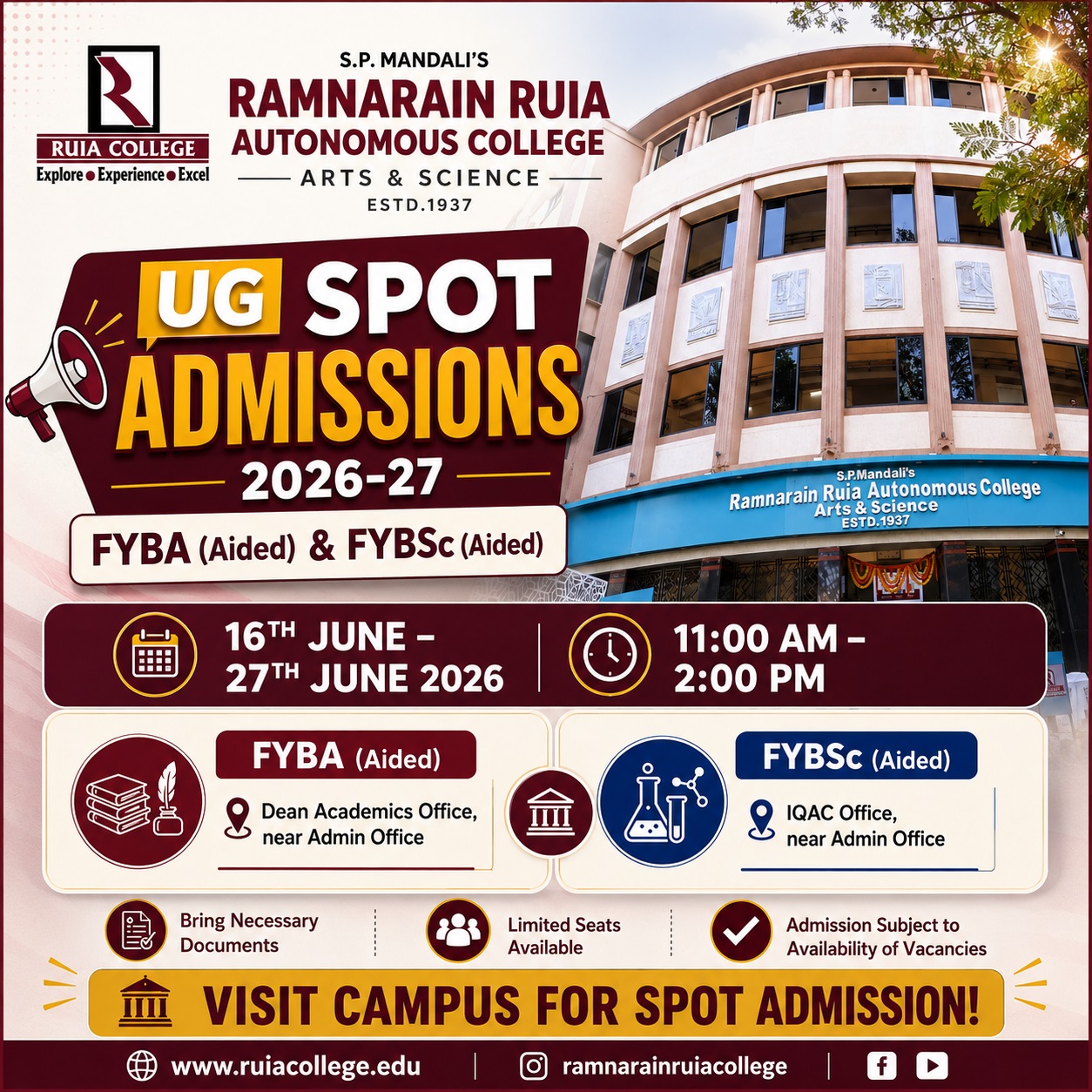 FYBA FYBSc Spot Admissions 2026-27