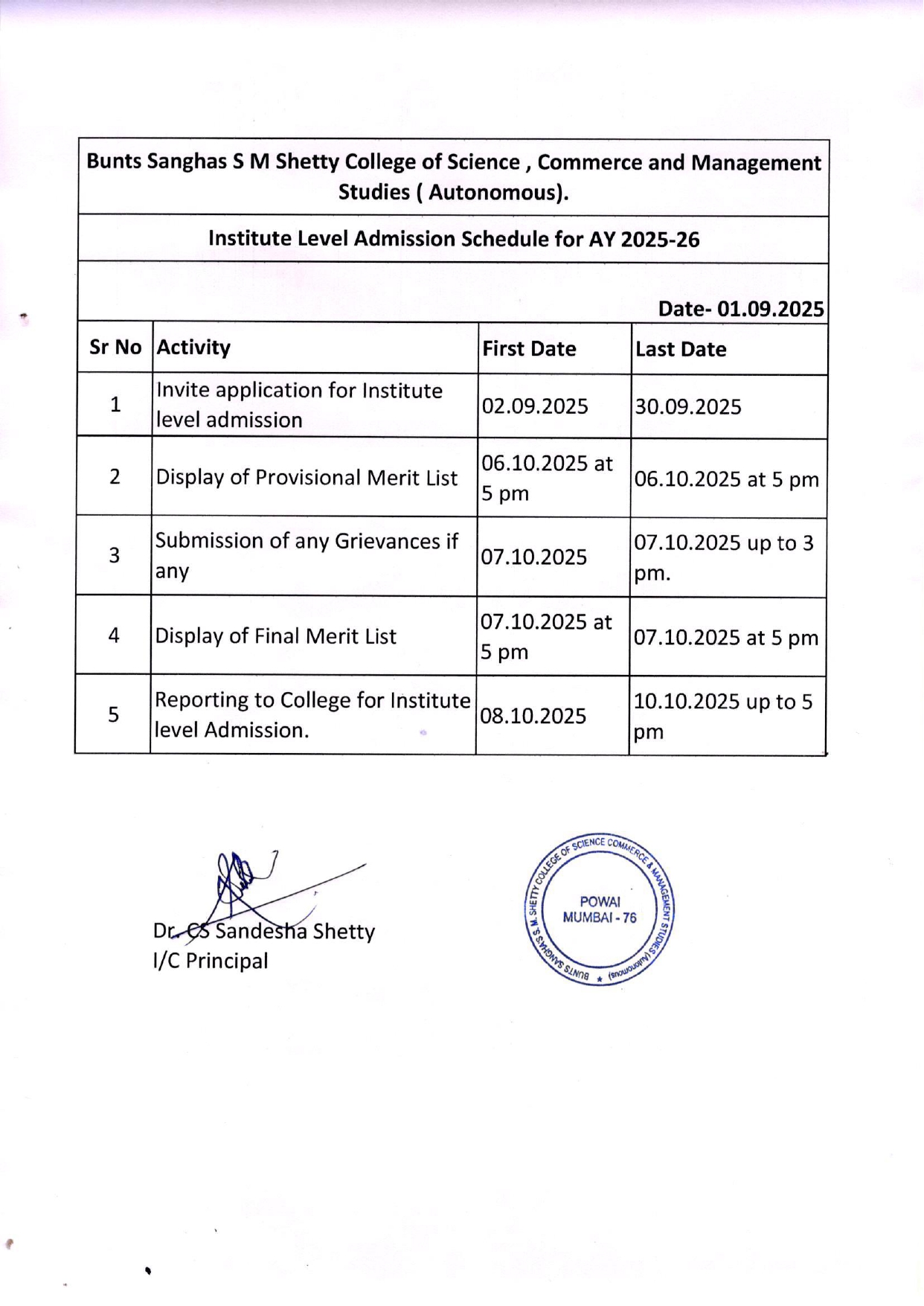 BMS Institute Level Schedule 2025-26